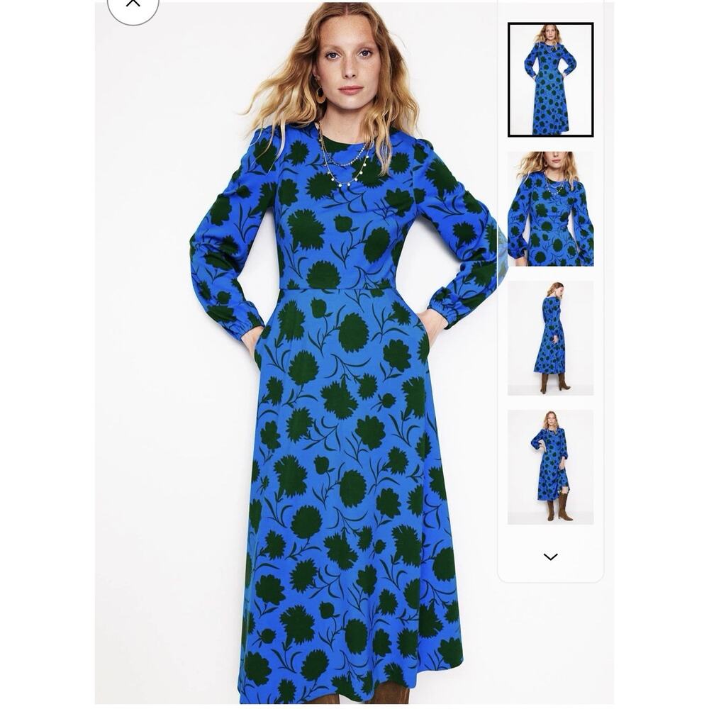 Boden Floral Long Sleeve Midi Dress Green Blue Size US 12R UK 16R Pockets A-line - Picture 2 of 10